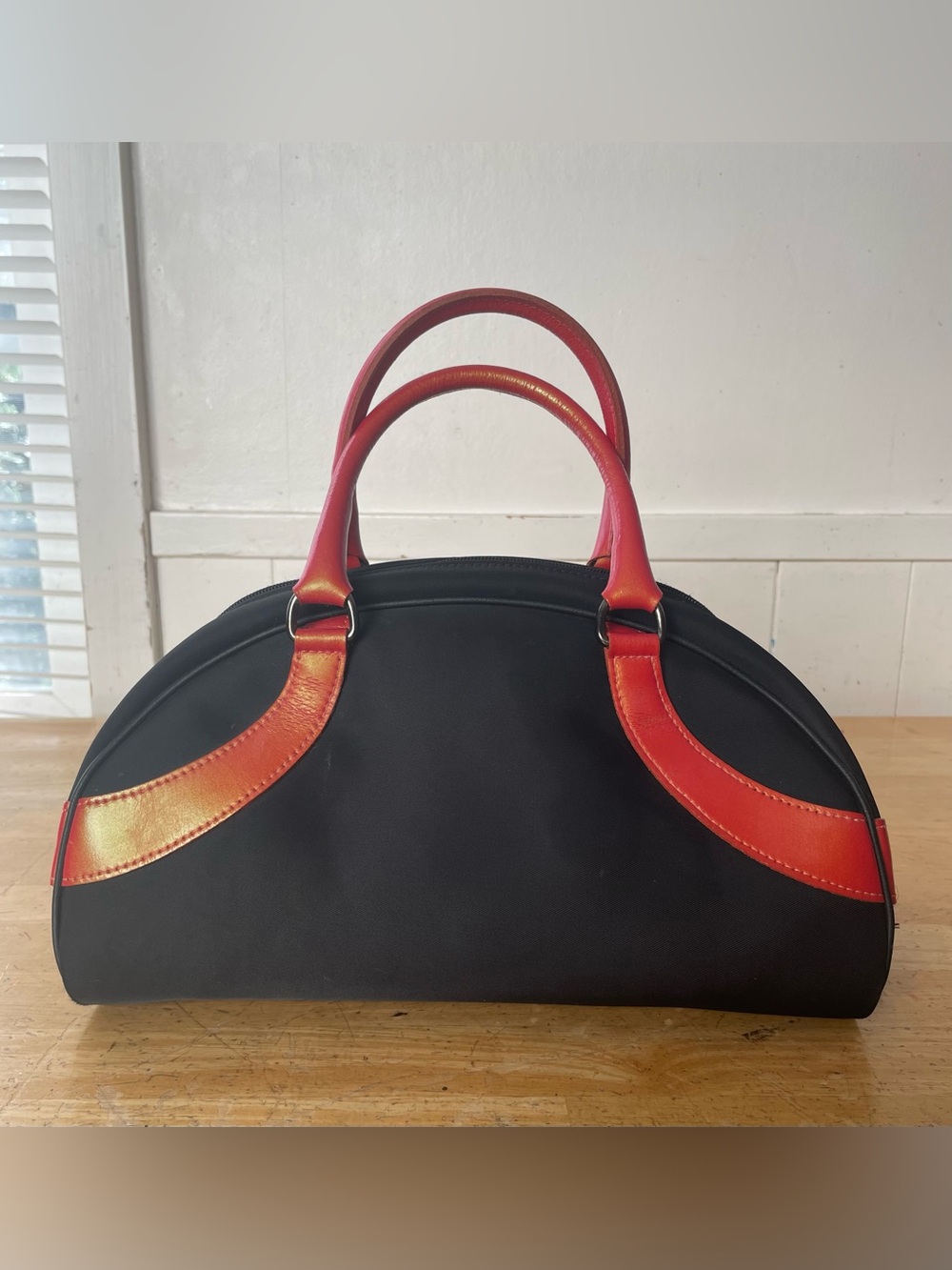 Longchamp Classic Black Satchel with Red/Orange Handle Accents